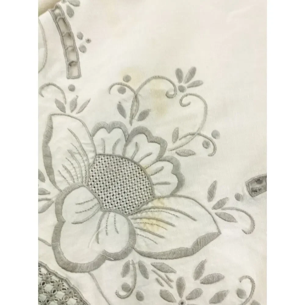 Vintage Large Tablecloth and 12 Napkins Embroidered Cream Grey Floral Bell Gray